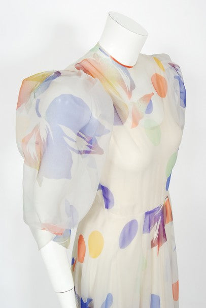 1970&#39;s Stavropoulos Couture Colorful Floral Print Silk Puff-Sleeve Gown