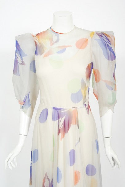 1970&#39;s Stavropoulos Couture Colorful Floral Print Silk Puff-Sleeve Gown