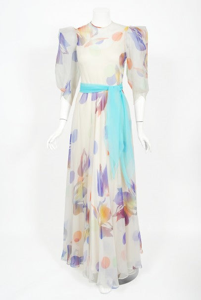 1970&#39;s Stavropoulos Couture Colorful Floral Print Silk Puff-Sleeve Gown