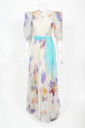 1970's Stavropoulos Couture Colorful Floral Print Silk Puff-Sleeve Gown