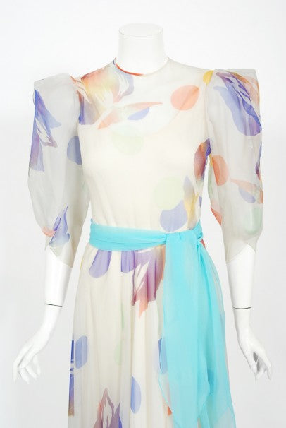 1970&#39;s Stavropoulos Couture Colorful Floral Print Silk Puff-Sleeve Gown