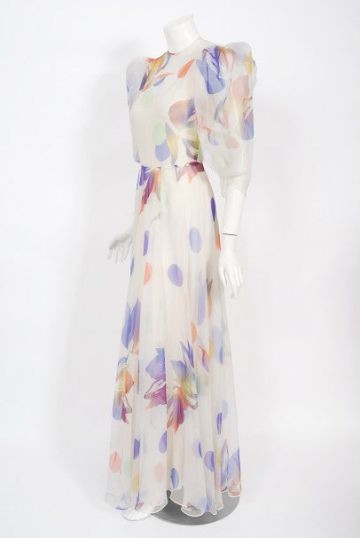 1970&#39;s Stavropoulos Couture Colorful Floral Print Silk Puff-Sleeve Gown
