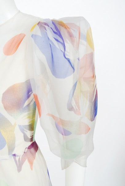 1970&#39;s Stavropoulos Couture Colorful Floral Print Silk Puff-Sleeve Gown