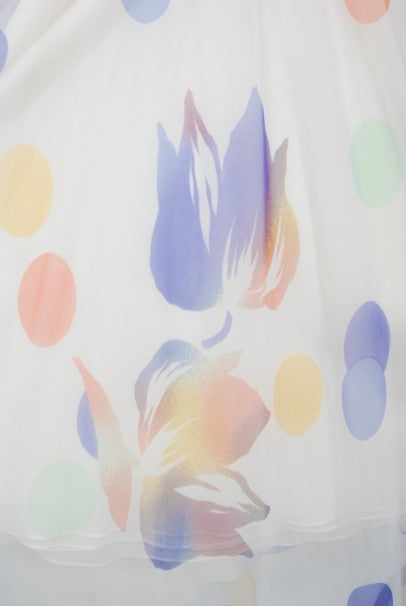 1970&#39;s Stavropoulos Couture Colorful Floral Print Silk Puff-Sleeve Gown