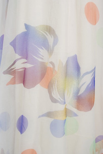 1970&#39;s Stavropoulos Couture Colorful Floral Print Silk Puff-Sleeve Gown