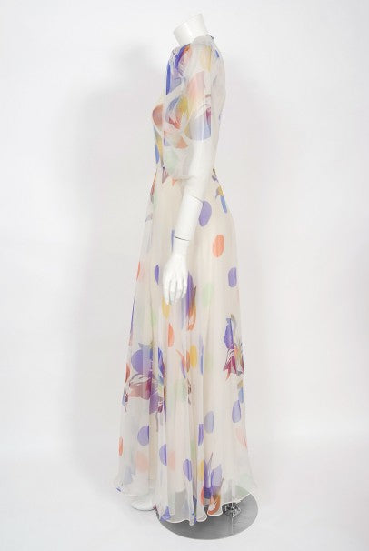 1970&#39;s Stavropoulos Couture Colorful Floral Print Silk Puff-Sleeve Gown