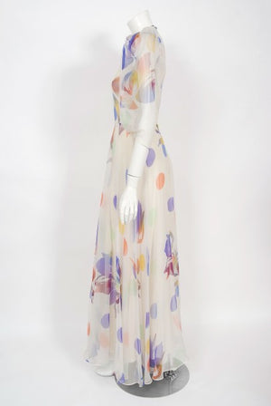 1970's Stavropoulos Couture Colorful Floral Print Silk Puff-Sleeve Gown