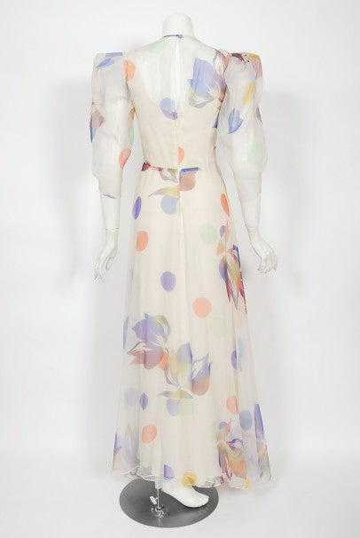 1970&#39;s Stavropoulos Couture Colorful Floral Print Silk Puff-Sleeve Gown