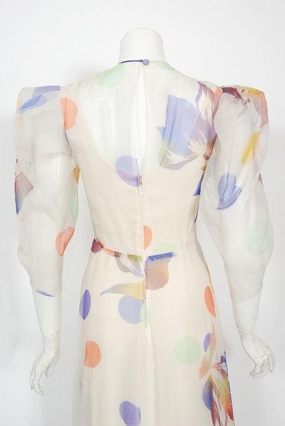 1970&#39;s Stavropoulos Couture Colorful Floral Print Silk Puff-Sleeve Gown