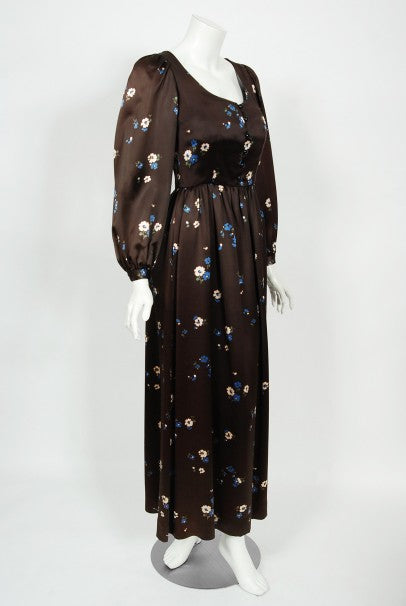 1974 Yves Saint Laurent Rive Gauche Brown Floral Print Satin Maxi Dress