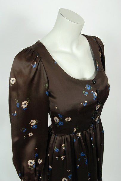 1974 Yves Saint Laurent Rive Gauche Brown Floral Print Satin Maxi Dress