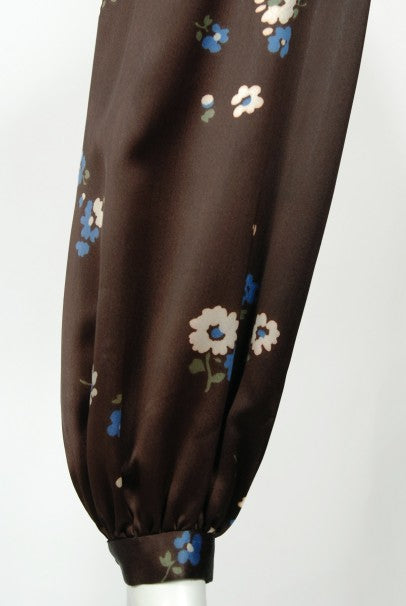 1974 Yves Saint Laurent Rive Gauche Brown Floral Print Satin Maxi Dress