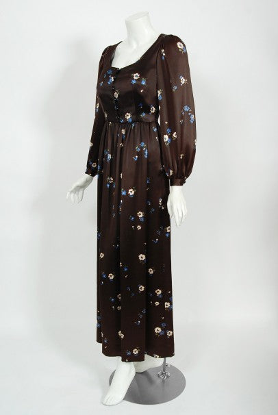 1974 Yves Saint Laurent Rive Gauche Brown Floral Print Satin Maxi Dress