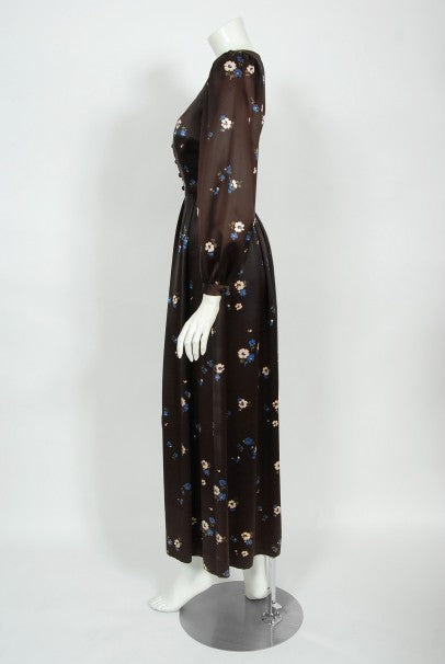 1974 Yves Saint Laurent Rive Gauche Brown Floral Print Satin Maxi Dress