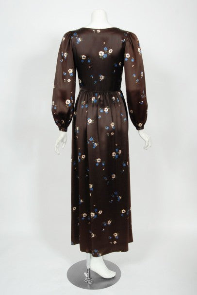 1974 Yves Saint Laurent Rive Gauche Brown Floral Print Satin Maxi Dress