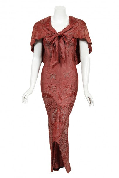 1970&#39;s Holly&#39;s Harp Bird Garden Print Burgundy Brocade Bias-Cut Gown