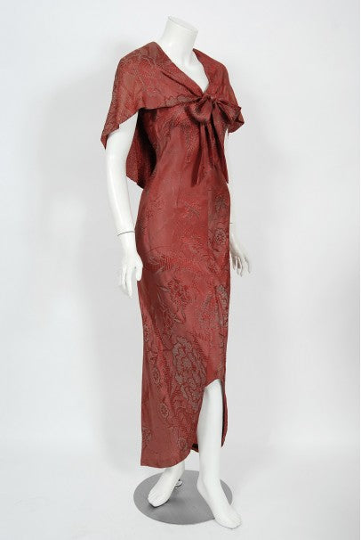 1970&#39;s Holly&#39;s Harp Bird Garden Print Burgundy Brocade Bias-Cut Gown
