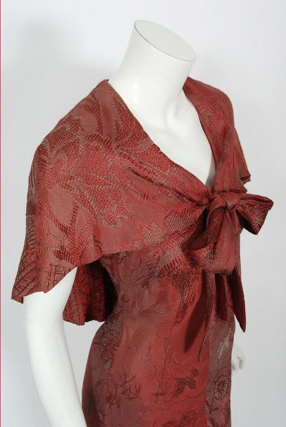 1970&#39;s Holly&#39;s Harp Bird Garden Print Burgundy Brocade Bias-Cut Gown