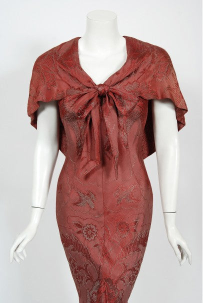 1970&#39;s Holly&#39;s Harp Bird Garden Print Burgundy Brocade Bias-Cut Gown