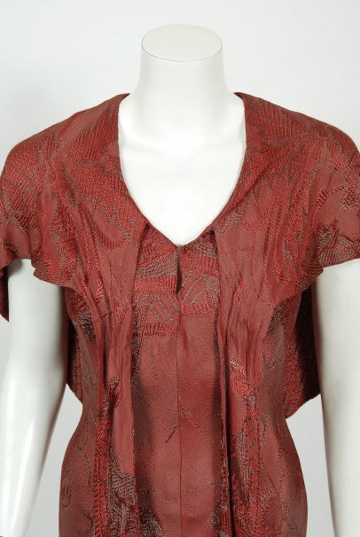 1970&#39;s Holly&#39;s Harp Bird Garden Print Burgundy Brocade Bias-Cut Gown