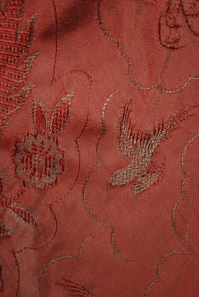 1970&#39;s Holly&#39;s Harp Bird Garden Print Burgundy Brocade Bias-Cut Gown