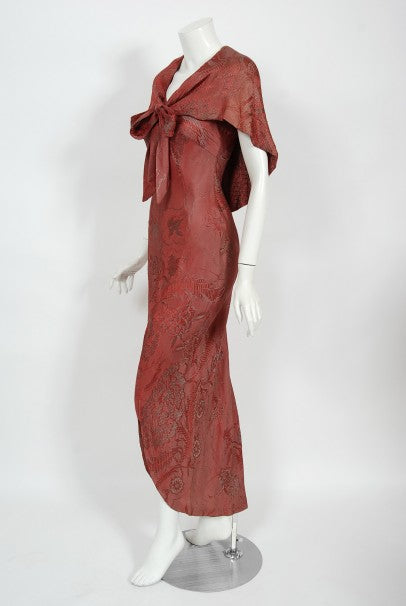 1970&#39;s Holly&#39;s Harp Bird Garden Print Burgundy Brocade Bias-Cut Gown