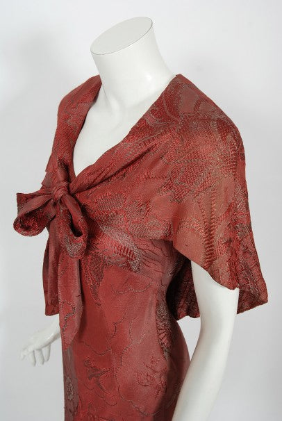 1970&#39;s Holly&#39;s Harp Bird Garden Print Burgundy Brocade Bias-Cut Gown