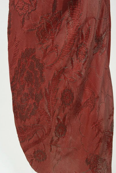 1970&#39;s Holly&#39;s Harp Bird Garden Print Burgundy Brocade Bias-Cut Gown