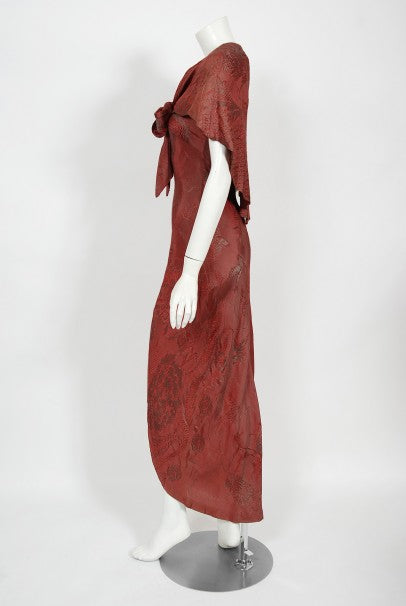 1970&#39;s Holly&#39;s Harp Bird Garden Print Burgundy Brocade Bias-Cut Gown