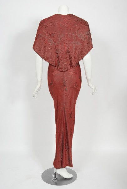 1970&#39;s Holly&#39;s Harp Bird Garden Print Burgundy Brocade Bias-Cut Gown