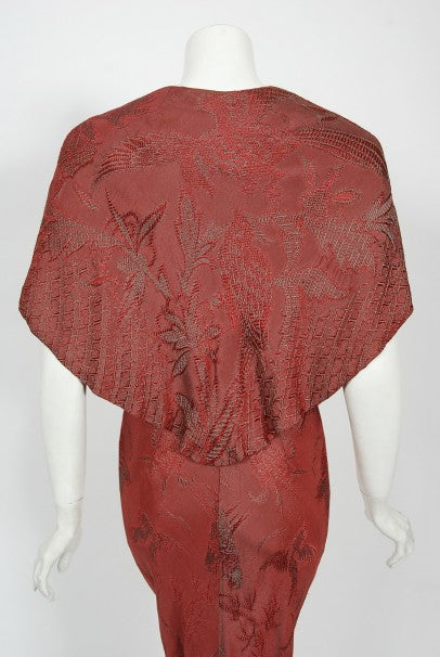 1970&#39;s Holly&#39;s Harp Bird Garden Print Burgundy Brocade Bias-Cut Gown