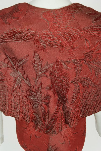 1970&#39;s Holly&#39;s Harp Bird Garden Print Burgundy Brocade Bias-Cut Gown