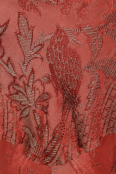 1970&#39;s Holly&#39;s Harp Bird Garden Print Burgundy Brocade Bias-Cut Gown