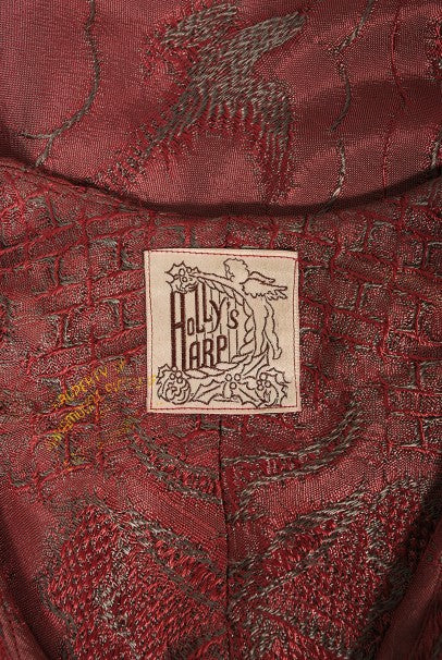 1970&#39;s Holly&#39;s Harp Bird Garden Print Burgundy Brocade Bias-Cut Gown