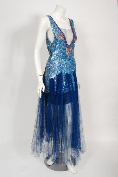 1920's Ocean Blue Sequin Beaded Sheer Net-Tulle Mermaid Flapper Gown - Timeless Vixen 1920's Ocean Blue Sequin Beaded Sheer Net-Tulle Mermaid Flapper Gown - Timeless Vixen