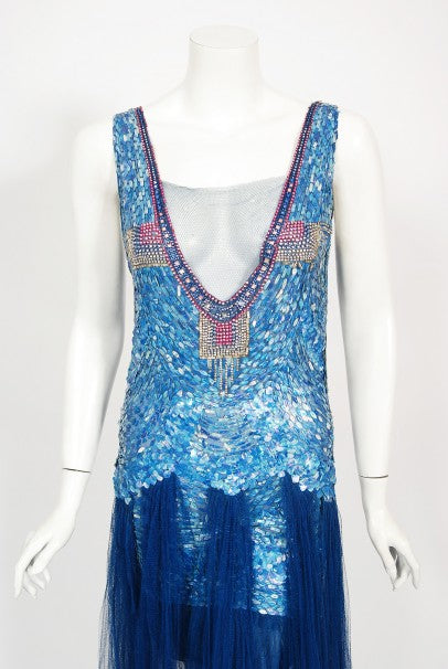 1920's Ocean Blue Sequin Beaded Sheer Net-Tulle Mermaid Flapper Gown