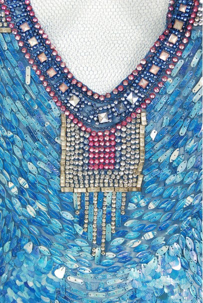 1920&#39;s Ocean Blue Sequin Beaded Sheer Net-Tulle Mermaid Flapper Gown