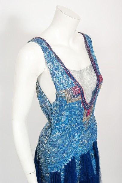 1920&#39;s Ocean Blue Sequin Beaded Sheer Net-Tulle Mermaid Flapper Gown
