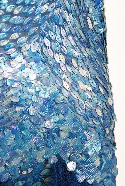 1920&#39;s Ocean Blue Sequin Beaded Sheer Net-Tulle Mermaid Flapper Gown
