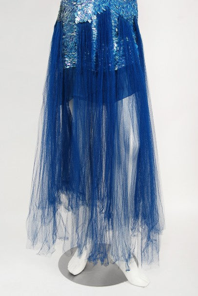 1920&#39;s Ocean Blue Sequin Beaded Sheer Net-Tulle Mermaid Flapper Gown