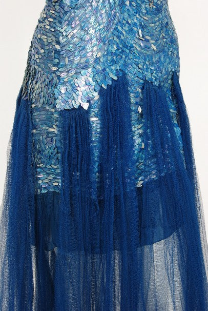 1920&#39;s Ocean Blue Sequin Beaded Sheer Net-Tulle Mermaid Flapper Gown