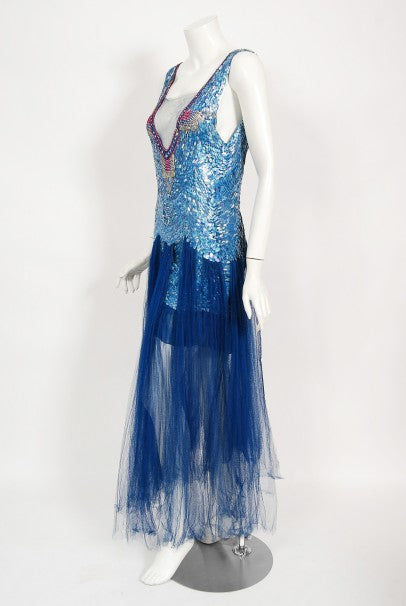 1920&#39;s Ocean Blue Sequin Beaded Sheer Net-Tulle Mermaid Flapper Gown