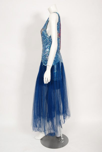 1920&#39;s Ocean Blue Sequin Beaded Sheer Net-Tulle Mermaid Flapper Gown