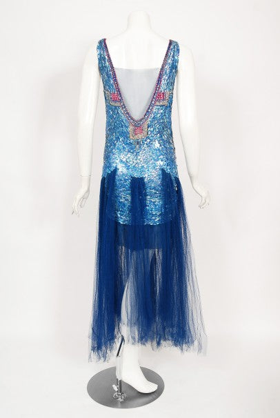1920&#39;s Ocean Blue Sequin Beaded Sheer Net-Tulle Mermaid Flapper Gown