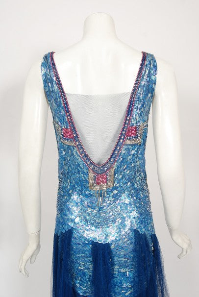 1920&#39;s Ocean Blue Sequin Beaded Sheer Net-Tulle Mermaid Flapper Gown