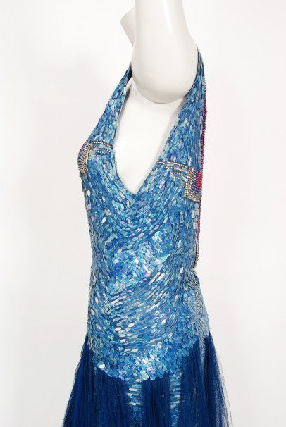 1920&#39;s Ocean Blue Sequin Beaded Sheer Net-Tulle Mermaid Flapper Gown