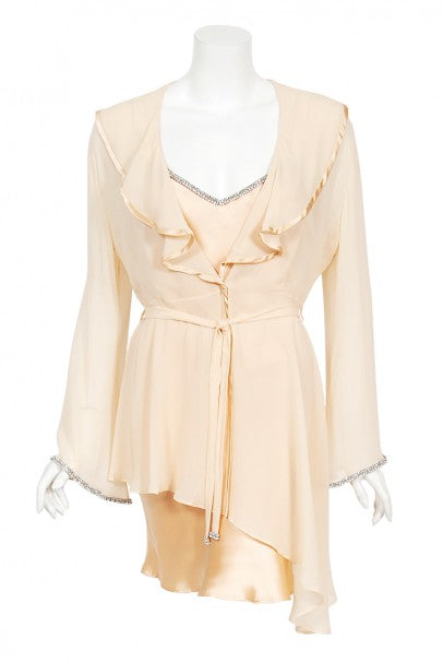1995 Dolce & Gabbana Rhinestone Peach Silk Bias-Cut Slip
