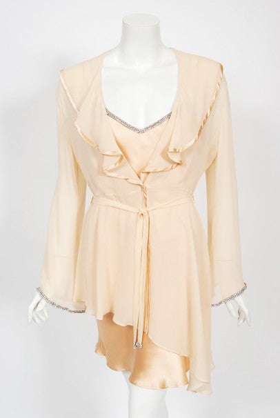 1995 Dolce &amp; Gabbana Rhinestone Peach Silk Bias-Cut Slip Dress w/ Jacket