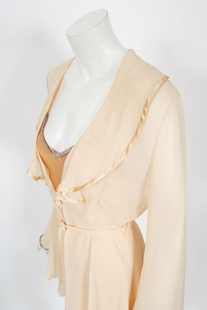 1995 Dolce &amp; Gabbana Rhinestone Peach Silk Bias-Cut Slip Dress w/ Jacket