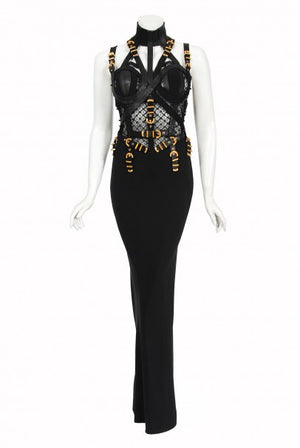 1992 Gianni Versace Couture Documented Black Bondage Silk Leather Gown